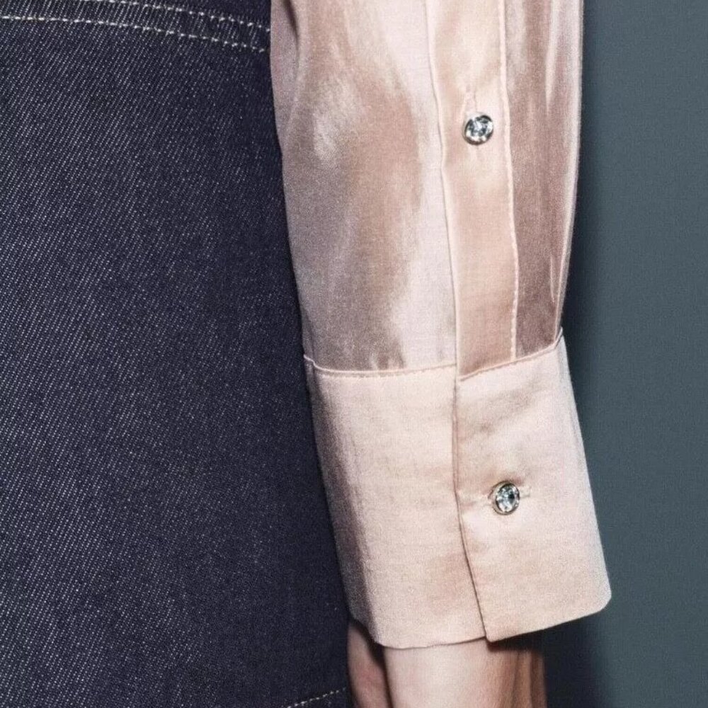 ZARA ZW Collection sz S New Embroidered Shirt Jewels Rhinestones Pastel Pink - Picture 7 of 15